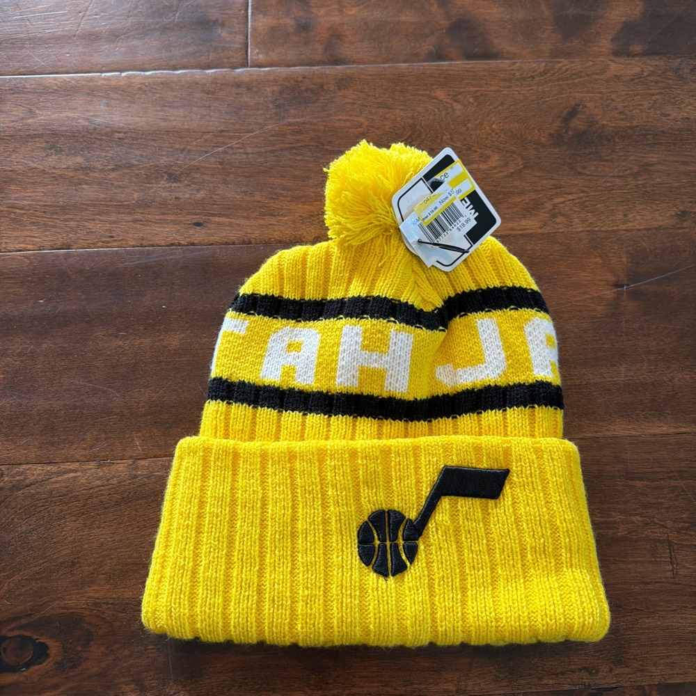 Fan Favorite Utah Jazz NBA Yellow Knit Beanie Pom Pom Cuffed Hat Mens OSFA New